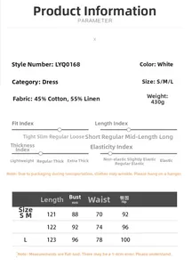 Detailed size guide table for linen square neck dress with bust and waist measurements