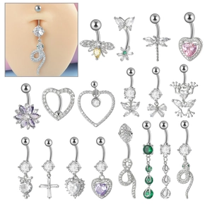 Stainless Steel Belly Button Ring With Heart Butterfly Snake Cross Zirconia Pendant Navel Piercing Jewelry For Women Unisex