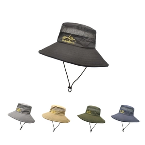 Outdoor Wide Brim Sun Hat Breathable Mesh Ventilation Polyester Men Hiking Fishing Boonie Hat Adjustable Chin Strap