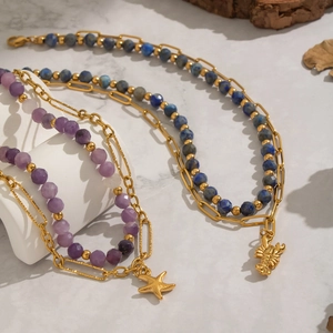 French vintage layered gold necklace with amethyst purple beads and starfish charm
