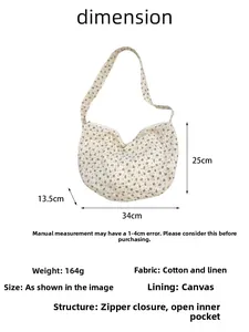 Size chart showing 34x25x13.5cm floral canvas tote bag dimensions and cotton linen material