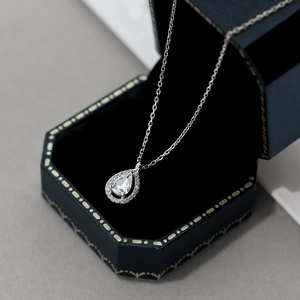 Elegant S925 silver necklace with pear-shaped zircon pendant in a blue velvet box