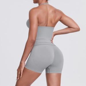 Detailed back view of a grey seamless high-waist yoga set showing fabric texture and fit
