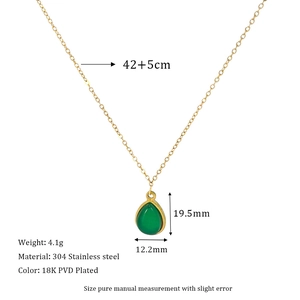 Detail of 18K PVD gold plated stainless steel necklace with green teardrop stone pendant