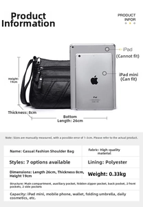 Detailed size specifications of black crossbody bag with iPad mini capacity comparison