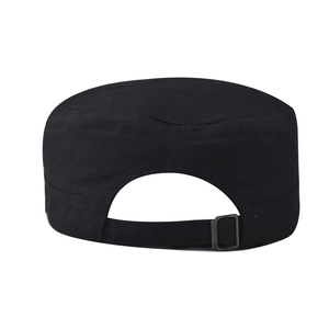 Detail view of the adjustable rear fabric strap and metal buckle on a black cadet hat