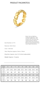 Size chart and specifications for the adjustable 18k gold S925 silver heart ring