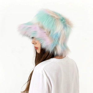 Detail shot of plush multi-colored faux fox fur winter bucket hat for women
