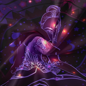 Detail of mystic tapestry fabric featuring celestial moon and stars patterns with soft folds