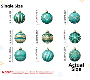 Detailed size chart for nine teal and gold Christmas ornaments with snowflake patterns