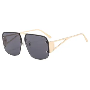 Premium metal semi-rimless sunglasses with hollow triangle temples and dark grey lenses