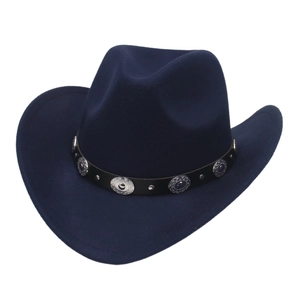 Detail of navy blue felt cowboy hat with leather band and vintage silver metal buttons