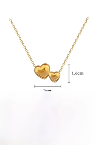 Detail of double heart pendant necklace in polished titanium steel with dimensions