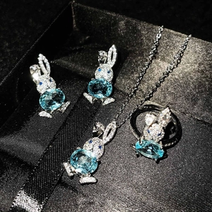 Cute Rabbit Jewelry Ring Earrings And Necklace Copper Micro Pave Zircon Blue Synthetic Topaz Animal Theme Adjustable Gift