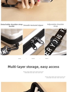 Detailed views of mini hard shell suitcase bag showing strap buckle and interior storage