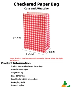 Detailed dimensions of red plaid paper gift bag showing height width and side gusset