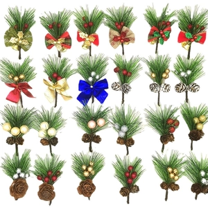 Set of 24 artificial pine needle picks with berries and pinecones for Xmas decoration