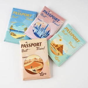 UV printed faux leather passport covers with travel themed illustrations in four colors