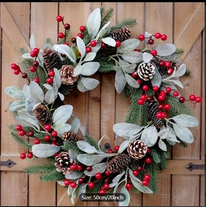 Christmas Wreath Pine Needles Lambs Ear Leaves Red Berries Natural Pine Cones Front Door Wall Festive Holiday Decoration