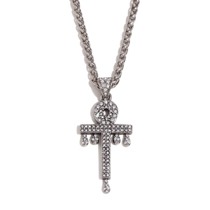 Silver stainless steel Ankh cross key pendant necklace with sparkling crystals