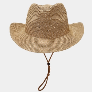 Straw Panama western cowboy hat in khaki with adjustable brown windproof chin strap