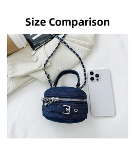Mini denim chain box bag size comparison next to a smartphone and a coffee cup