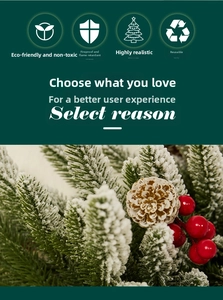 Detail of faux pine branch with realistic snow flocking, pine cone and red berries