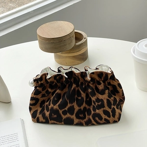 Leopard Print Cosmetic Bag Plush Velvet Makeup Pouch With Artificial Pearl Drawstring Portable Travel Toiletry Organizer For Women