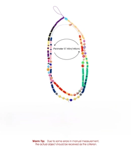 Detailed view of colorful beaded phone strap with length 146cm and material specs