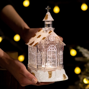 Luminous crystal church music box with snow scene decoration and warm lighting effect