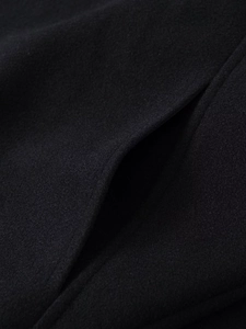 Macro shot of stitching detail on black wool blend jacket pocket showing material texture