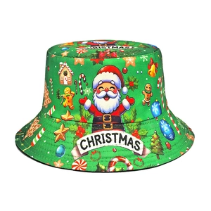 Cappello Da Pescatore Natalizio Reversibile Poliestere Stampa Babbo Natale Renna Verde Festa Vacanze Protezione Solare