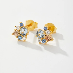 Elegant 925 sterling silver floral stud earrings with colorful cubic zirconia stones