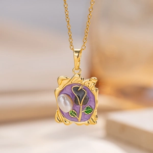 French Retro Baroque Pendant Necklace Titanium Steel Enamel Flower Artificial Pearl Vintage Elegant Jewelry For Women