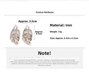 Silver leaf earrings with metal texture, iron material, 13g weight, 6.5x3.5cm size details