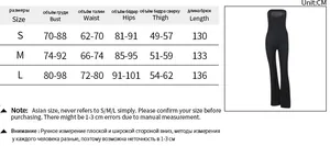 Detailed size chart for the black tube top wide-leg jumpsuit with measurements in cm