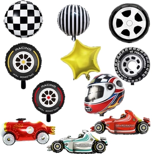 Racing party balloon set with F1 car, helmet and checkered foil balloons on white background