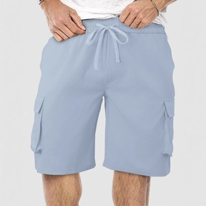 Light blue men's cargo shorts with elastic drawstring waist and side pockets in a casual style