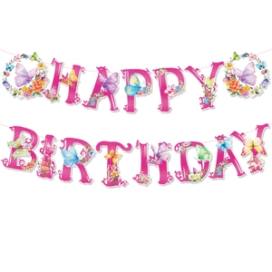 Pink Happy Birthday banner with butterfly and floral motifs for spring tea party decor
