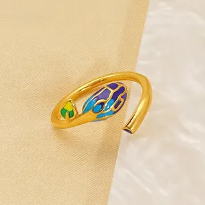 Elegant Leaf Open Ring For Women 18K Gold Plated Stainless Steel Colorful Enamel Adjustable Chic Fashion Jewelry Gift