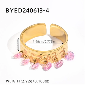Adjustable 18K gold stainless steel hammered ring with pink pear-cut zircon charms