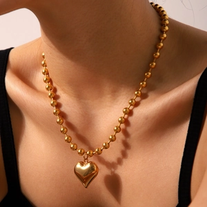 Heart Pendant Necklace 18K Gold Plated Stainless Steel Bead Chain Minimalist Trendy INS Style Jewelry For Women