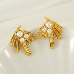 French Retro Irregular Swallow Wing Stainless Steel Earrings With 18K Gold Plated And Faux Artificial Pearl Jewelry For Women