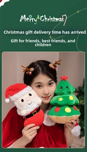Close-up of plush Santa Claus and decorated Christmas tree toys with soft textures