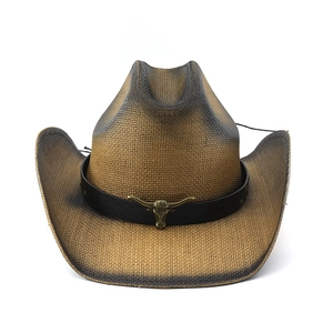 Chapeau de paille style cowboy avec boucle tête de taureau et protection solaire