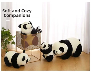 Multiple sizes of cute giant panda plush toys displayed in a cozy home setting