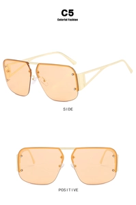 Detailed front and side views of square pilot sunglasses with orange lenses and gold frame