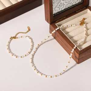 Vintage French Shell Bamboo Joint Bead Necklace 18K Gold Plated Stainless Steel Clavicle Chain For Women