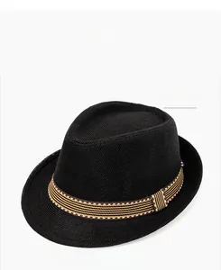 Detail of black linen fedora hat with a striped band and woven texture for kids
