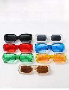 Detailed collection of vintage small square sunglasses in seven vibrant plastic frame colors